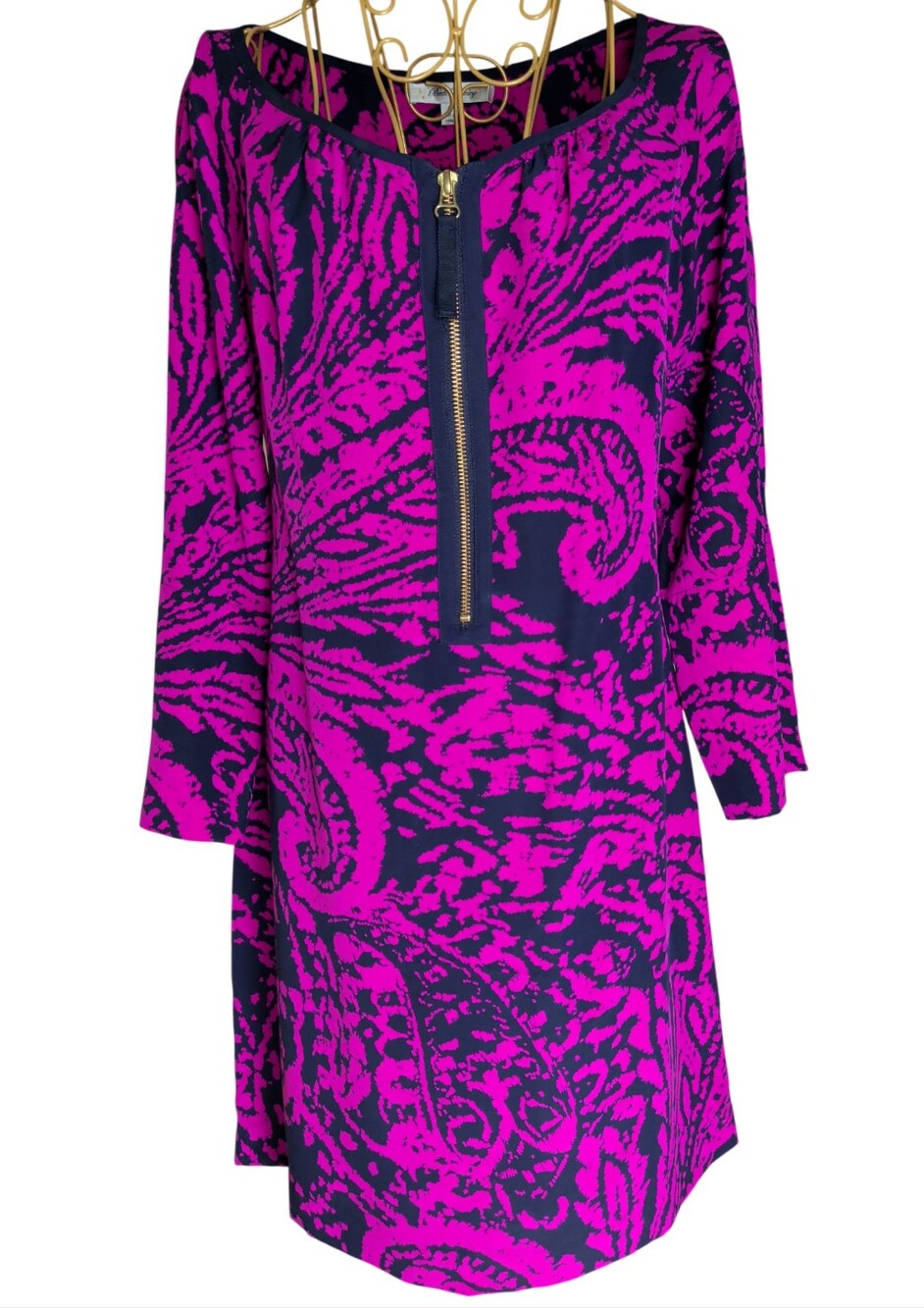 Beth Bowley 100% Silk Paisley Shift Dress Pink Navy Blue Size 2 Boho Roll Tab